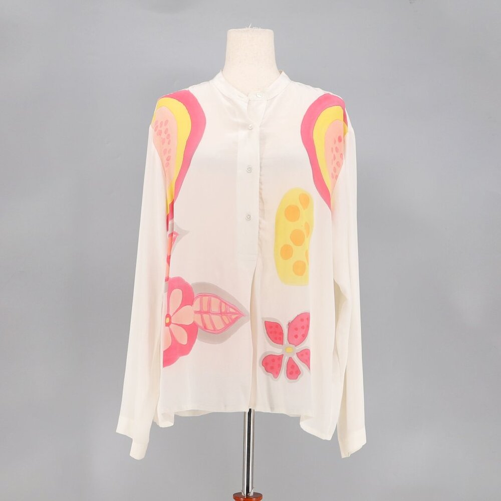 V.DE.VINSTER Abstract Fruit & Flower Print Ivory Long Sleeve Silk Blouse Size M